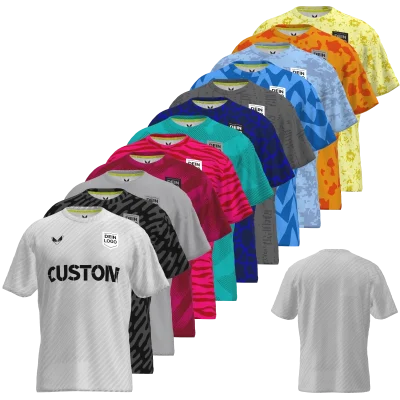 Thrive PRO Team Shirts gestalten – Vorschau in 12 Teamfarben mit individuellen Allover-Druckeffekten. Sportshirt-Staffel von links unten nach rechts oben.
