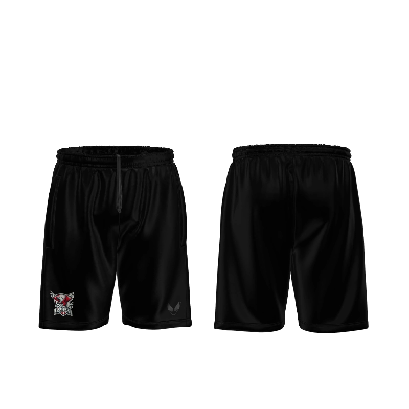 Schwarze FC Winti Eagles Training Shorts Basic PRO von vorne mit ALIEN-Eyes Logo und Vereinslogo sowie Rückansicht