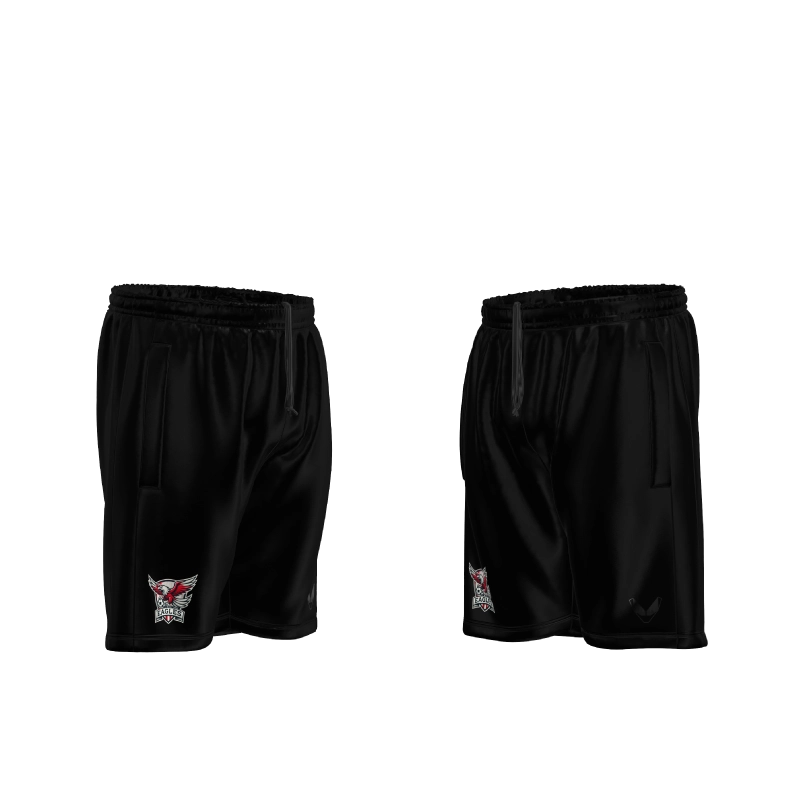 Halbgedrehte linke und rechte Seitenansicht der FC Winti Eagles Training Shorts Basic PRO 2025 mit Vereinslogo rechts und ALIEN-Eyes Logo links