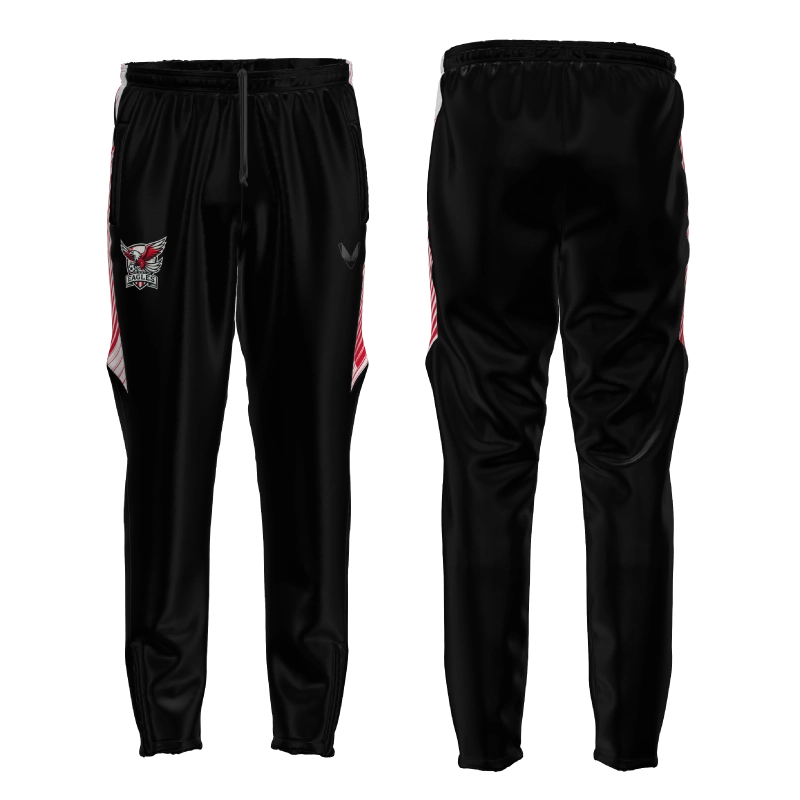 Vorder- und Rückansicht der FC Winti Eagles Trainingshose Thrive PRO 2025 in Schwarz mit Vereinslogo rechts und ALIEN-Eyes Logo links