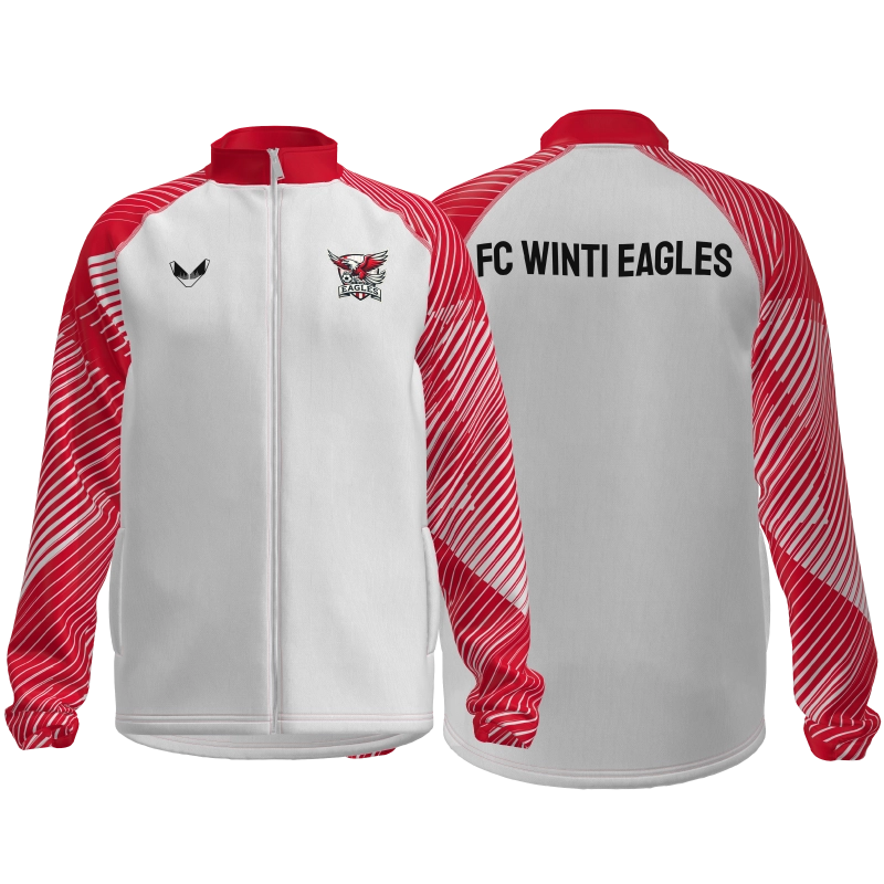 Vorder- und Rückansicht der FC Winti Eagles Trainingsjacke Thrive PRO 2025 in Weiß mit rotem Kragen, Vereinslogo, ALIEN-Eyes Logo und Rückenprint