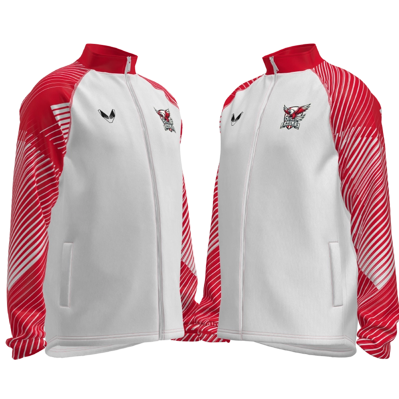 Halbgedrehte linke und rechte Seitenansicht der FC Winti Eagles Trainingsjacke Thrive PRO 2025 mit Ärmel-Design im Teamstyle und roten Details