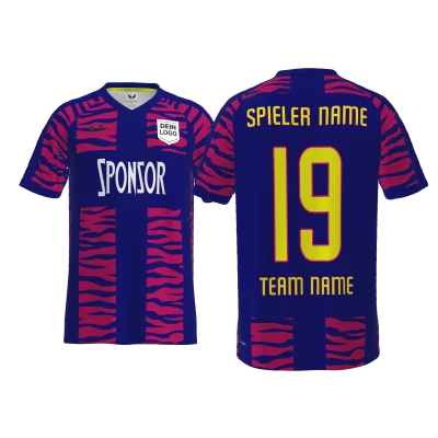 Custom Trikot Barlo PRO 12.9RVN in Blau mit Darkpink-Streifen und V-Kragen – Rückseite und Vorderseite im Streifendesign