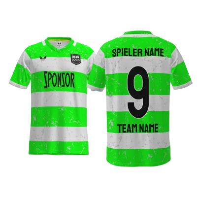 Custom Trikot Celgo PRO 12.9RVN in Weiß-Leuchtgrün mit breiten Blockstreifen, V-Ausschnitt und Raglanärmeln – Vorder- und Rückansicht