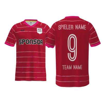 Custom Trikot Lige PRO 05.6RVN – rotes Trikot mit Nadelstreifen und pinken Bündchen, V-Kragen, Kurzarm