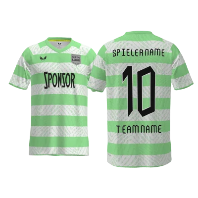 Custom Trikot Lisbon PRO 6.6RVN – Fußballtrikot mit Querstreifen in Apfelgrün und Weiß, V-Kragen und Raglanschnitt