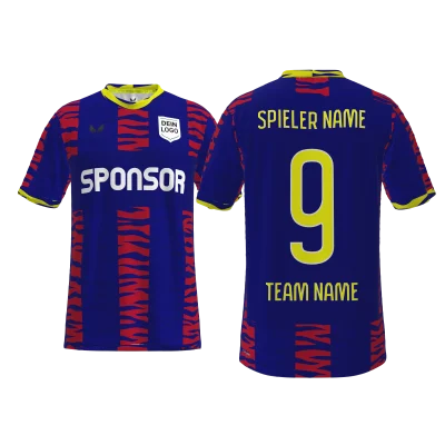 Personalisiertes Trikot Barlo PRO 12.9SCN mit breiten roten und navyblauen Streifen, gelben Kragen- und Ärmelakzenten, ALIEN-Eyes® Logo – 3D-Ansicht Herren L