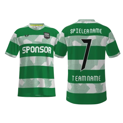 Personalisiertes Trikot Celgo PRO 12.9SCN in Grün-Weiß mit horizontalem Streifendesign, ALIEN-Eyes® Logo und Druckplatzhaltern – Herren L, 3D-Ansicht