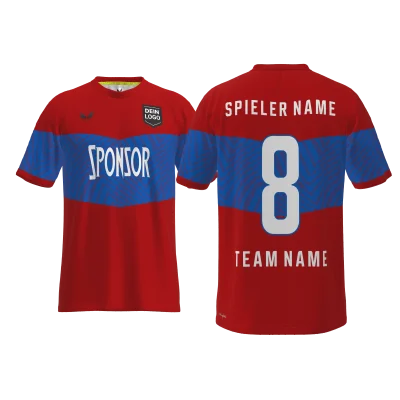 „Personalisiertes Trikot Cruz PRO 20SCN in Rot mit extrabreitem V-Streifen in Royalblau – Vorder- und Rückansicht mit Spielernummer, Name, Sponsor und Teamlogo“
