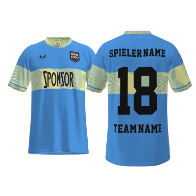 Personalisiertes Trikot Juboc PRO 12SCN in Blau mit gelbem Bruststreifen und Urban-Effekt, individuell gestaltbar