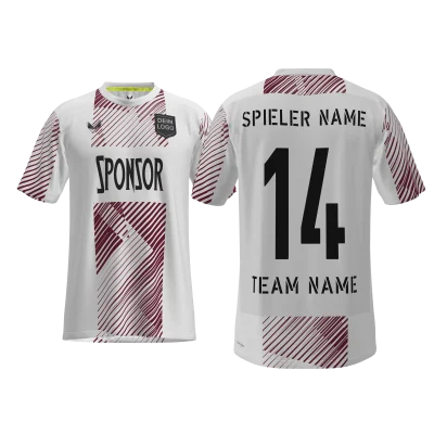 Traumtrikot Axer PRO 22SCM – Vorder- und Rückansicht im weißen Design mit burgunderfarbenem Grafikstreifen, selbst gestalten im 3D-Konfigurator