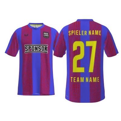 Traumtrikot Barlo PRO 12.9SCM – Vorder- und Rückansicht im blauen Längsstreifen-Design mit Wyld-Effekt, personalisierbar im 3D-Konfigurator