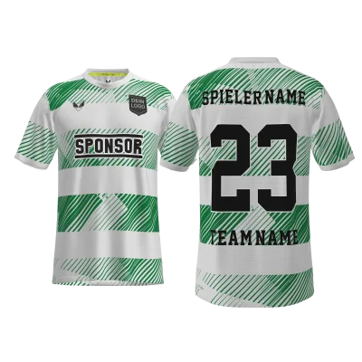 Traumtrikot Celgo PRO 12.9SCM – Vorder- und Rückansicht im weißen Querstreifen-Design mit Opus-Effekt und tannengrünen Elementen, personalisierbar im 3D-Konfigurator