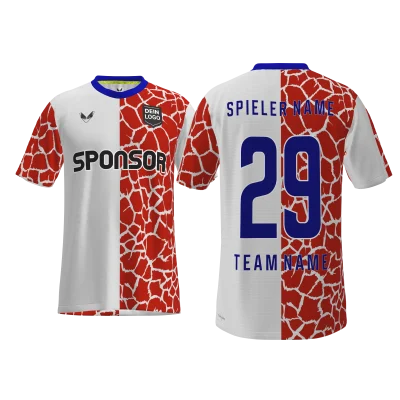 Traumtrikot Gala PRO SCM – Vorder- und Rückansicht im zweifarbigen Divided Design in Weiß und Rot mit animalischem Effekt, individualisierbar im 3D-Konfigurator