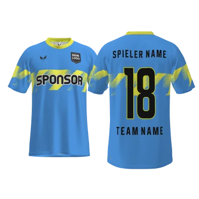 Traumtrikot Juboc PRO 12SCM – Vorder- und Rückansicht im hellblauen Design mit gelbem V-Streifen über Brust, Rücken und Ärmel, individualisierbar im 3D-Konfigurator