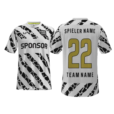 Traumtrikot Kandu PRO SCM – Vorder- und Rückansicht im weißen Design mit schwarzen Diagonalstreifen und gebrochenen Linien, personalisierbar im 3D-Konfigurator