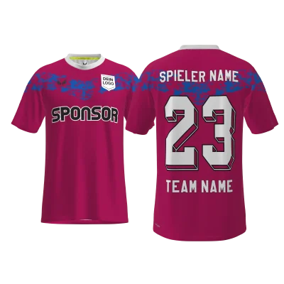 Traumtrikot Lille PRO 8SCM – Vorder- und Rückansicht im dunkelpinken Design mit blauem Laser-V-Streifen und weißem Rundhalskragen, personalisierbar im 3D-Konfigurator