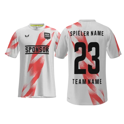 Traumtrikot Lima PRO 14SCM – Vorder- und Rückansicht im weißen Design mit koraller Schärpe und dynamischem Effekt, individuell im 3D-Konfigurator gestaltbar