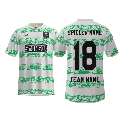 Traumtrikot Lisbon PRO 6.6SCM – Vorder- und Rückansicht im weißen Design mit grünen Querstreifen in Laseroptik, individualisierbar im 3D-Konfigurator