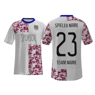 Traumtrikot Ranger PRO SCM – Vorder- und Rückansicht im zweifarbigen Design in Hellgrau und Burgundy mit Electric Blue Kragen, individuell gestaltbar im 3D-Konfigurator