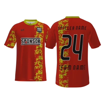 Traumtrikot Rove PRO 12SCM – Vorder- und Rückansicht im warmroten Design mit gelbem Seitenstreifen und Electric Style, individualisierbar im 3D-Konfigurator