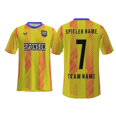 Traumtrikot Valle PRO 8.8SCM – Vorder- und Rückansicht im klassischen Gelb-Blau-Design mit breiten Längsstreifen, individuell gestaltbar im 3D-Konfigurator