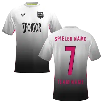 Rise ADV Fußball Trikot günstig – Vorder- und Rückansicht im Weiß-Schwarz-Farbverlauf mit pinken Seitenstreifen
