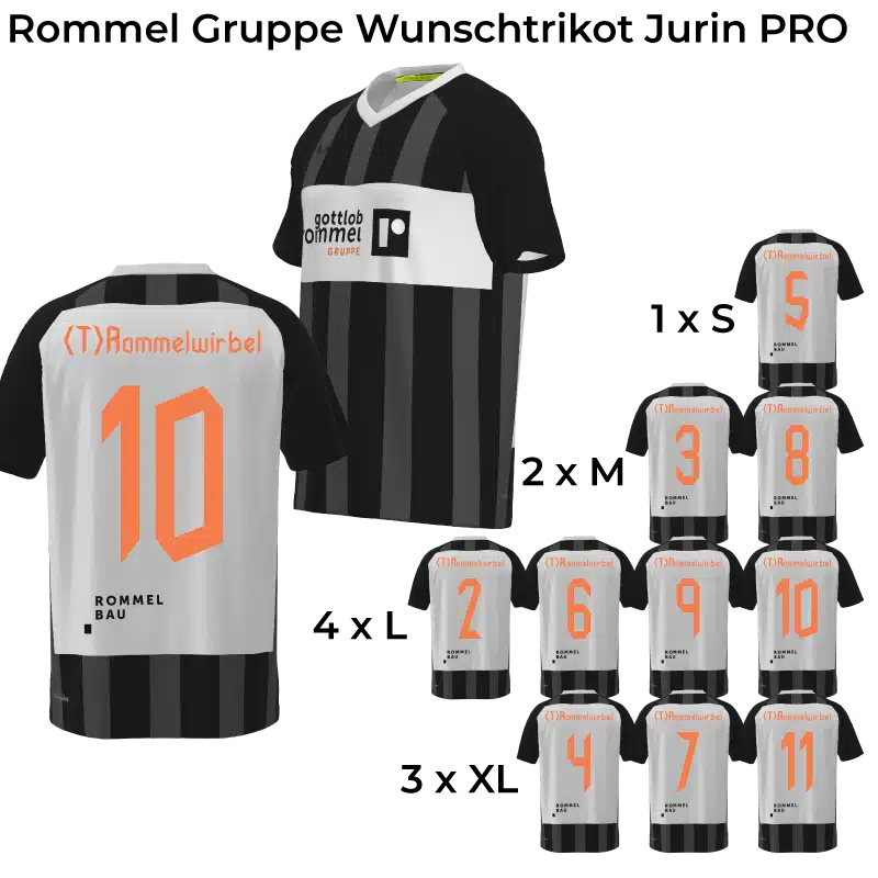 Auf dem Vorschaubild ist das schwarz-anthrazitfarbene Rommel Gruppe Wunschtrikot Jurin PRO 5.7RVC mit weißem V-Ausschnitt zu sehen. Es ist komplett sublimiert für das 10er-Team.